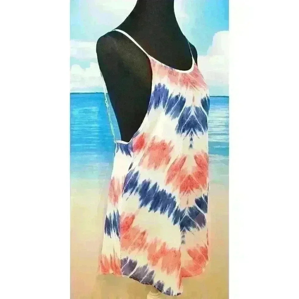 OP Woman RED WHITE & BLUE Sheer TIE DYE Beach Cover Dress Lightweight size Small - Picture 2 of 4
